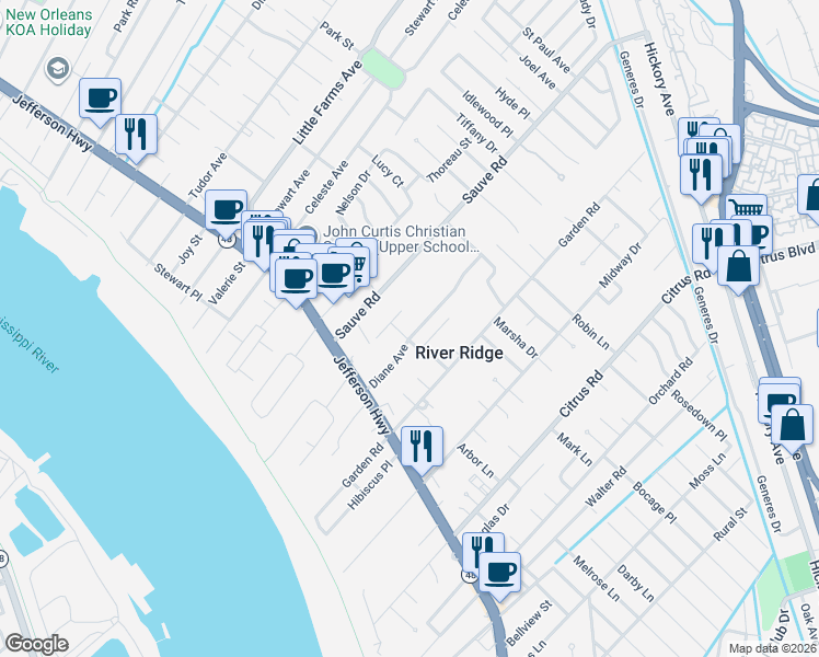 map of restaurants, bars, coffee shops, grocery stores, and more near 204 Diane Avenue in River Ridge