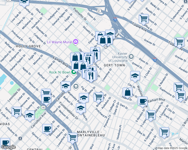 map of restaurants, bars, coffee shops, grocery stores, and more near 10 Mars Place in New Orleans
