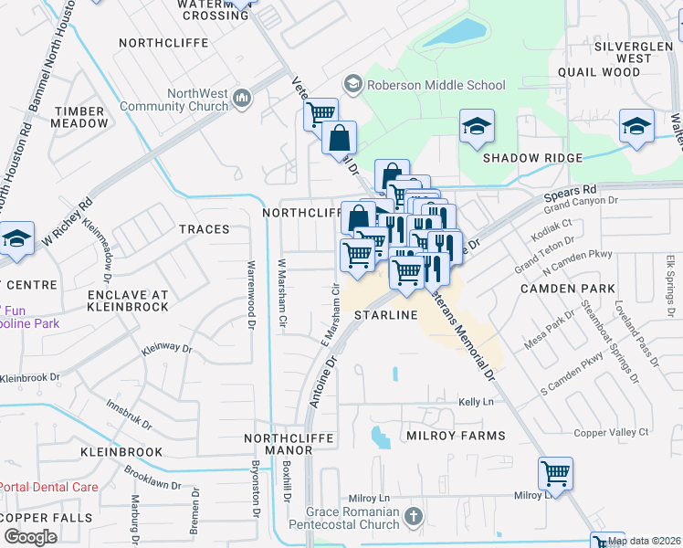 map of restaurants, bars, coffee shops, grocery stores, and more near 3607 Oakhall Drive in Houston