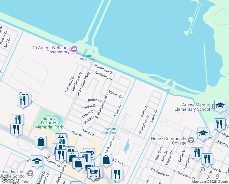 map of restaurants, bars, coffee shops, grocery stores, and more near 8521 Victory Drive in Chalmette