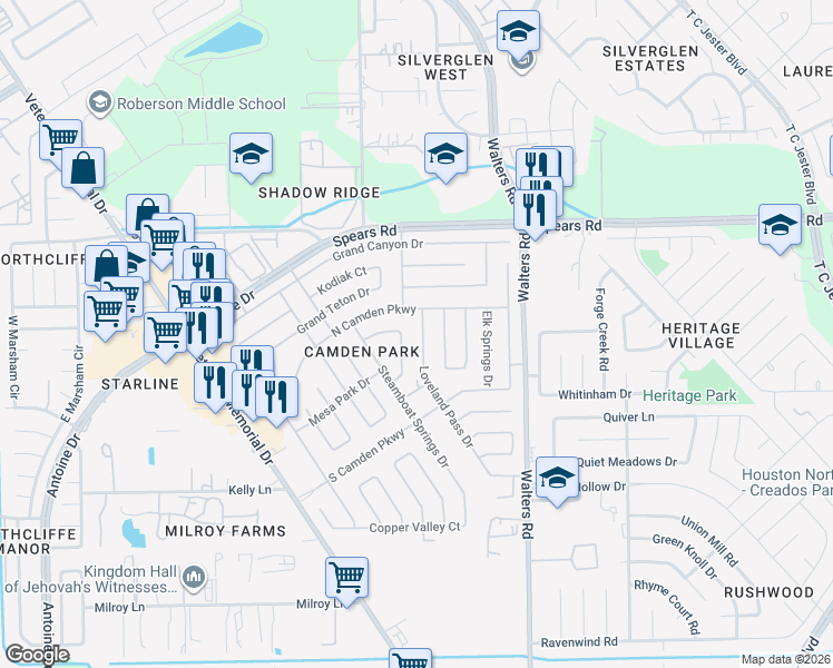 map of restaurants, bars, coffee shops, grocery stores, and more near 11955 Loveland Pass Dr in Houston