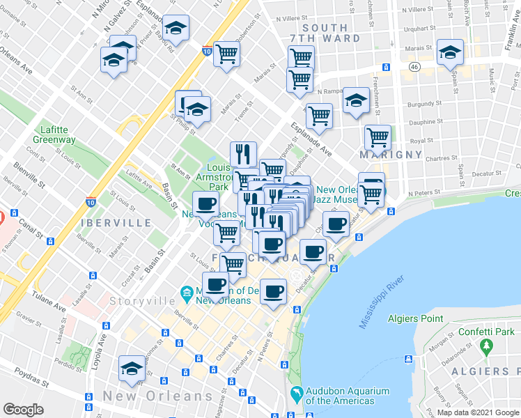 map of restaurants, bars, coffee shops, grocery stores, and more near 905 Dumaine Street in New Orleans