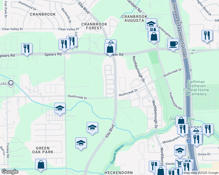 map of restaurants, bars, coffee shops, grocery stores, and more near 822 Forest Ivy Lane in Houston