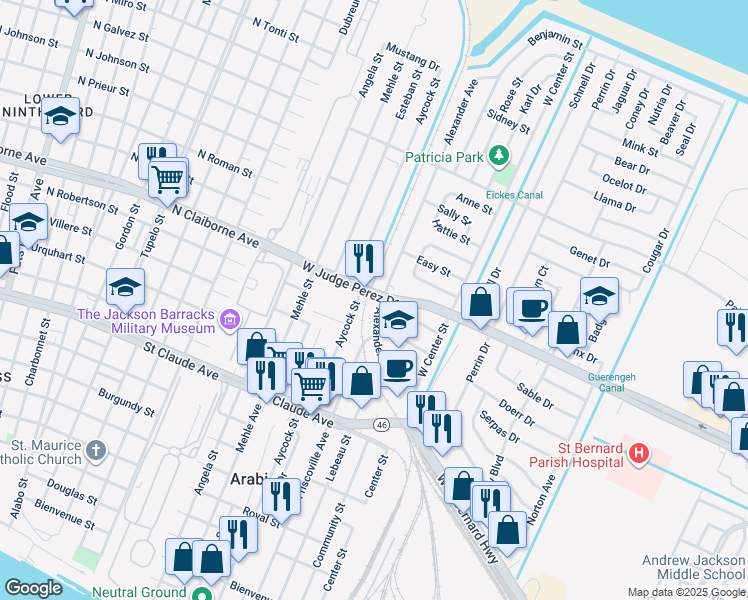 map of restaurants, bars, coffee shops, grocery stores, and more near 7012 West Judge Perez Drive in Arabi