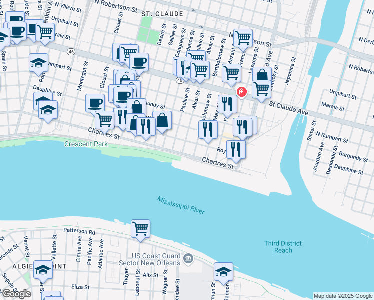map of restaurants, bars, coffee shops, grocery stores, and more near 613 Alvar Street in New Orleans