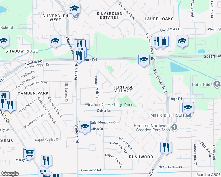 map of restaurants, bars, coffee shops, grocery stores, and more near 2511 Foxville Drive in Houston