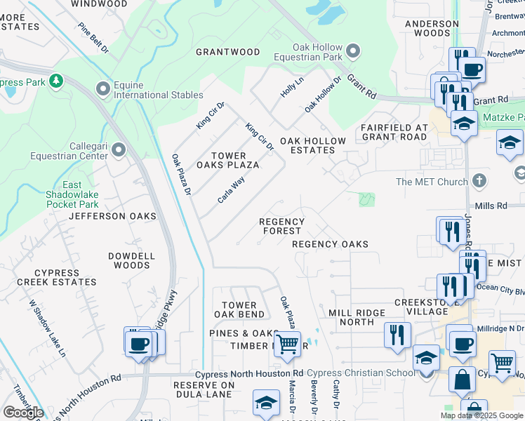 map of restaurants, bars, coffee shops, grocery stores, and more near 11710 Regency Forest Drive in Cypress