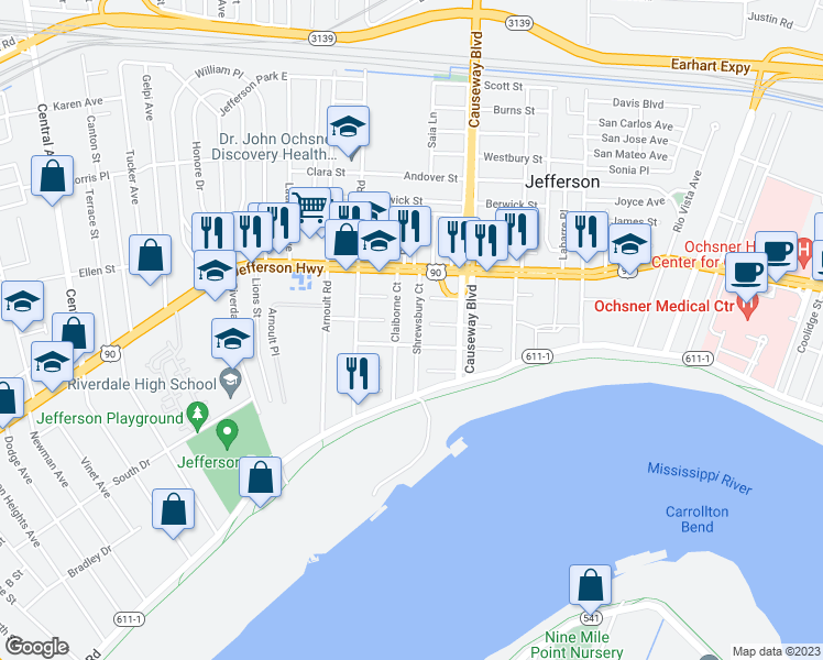 map of restaurants, bars, coffee shops, grocery stores, and more near 312 Shrewsbury Court in Jefferson