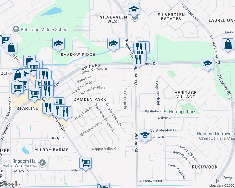 map of restaurants, bars, coffee shops, grocery stores, and more near 11931 Bald Mountain Circle in Houston
