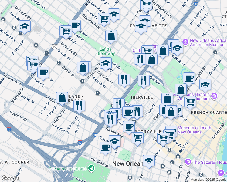 map of restaurants, bars, coffee shops, grocery stores, and more near 1801 Iberville Street in New Orleans