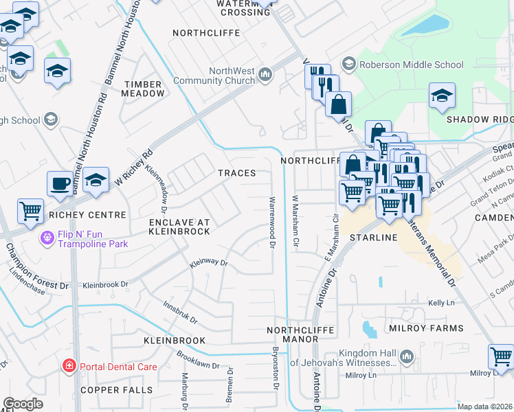 map of restaurants, bars, coffee shops, grocery stores, and more near 4318 Tiger Trace Court in Houston