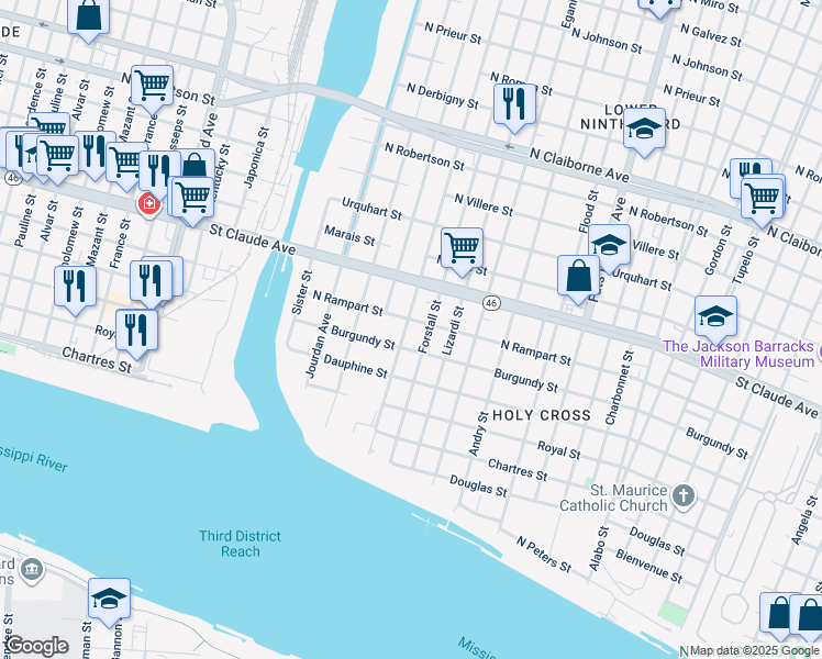 map of restaurants, bars, coffee shops, grocery stores, and more near 931 Reynes Street in New Orleans