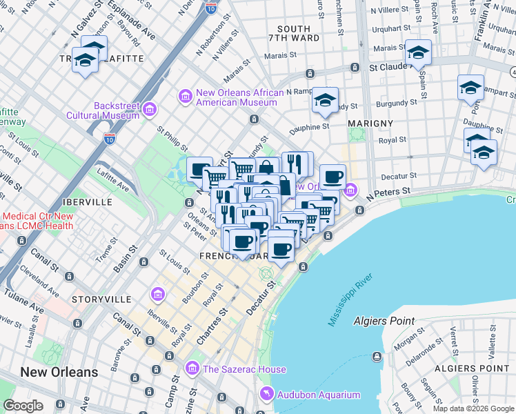 map of restaurants, bars, coffee shops, grocery stores, and more near St Philip St & Bourbon St in New Orleans