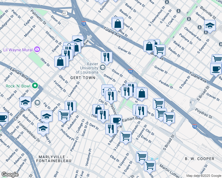 map of restaurants, bars, coffee shops, grocery stores, and more near 1045 South Genois Street in New Orleans