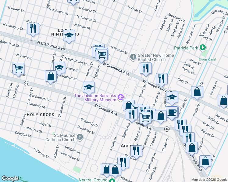 map of restaurants, bars, coffee shops, grocery stores, and more near 1304 Delery Street in New Orleans