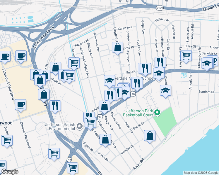 map of restaurants, bars, coffee shops, grocery stores, and more near 629 Newman Avenue in Jefferson