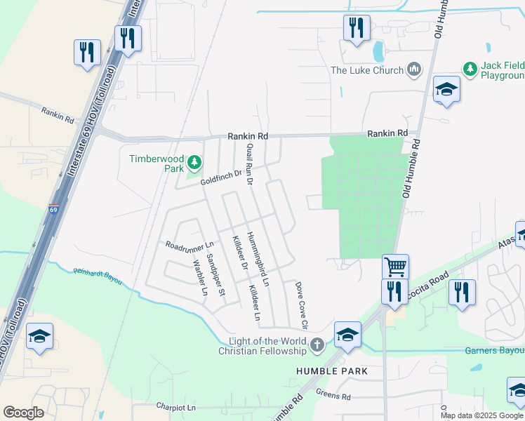 map of restaurants, bars, coffee shops, grocery stores, and more near 2819 Quail Run Drive in Humble