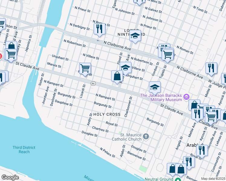 map of restaurants, bars, coffee shops, grocery stores, and more near 5500 Saint Claude Avenue in New Orleans