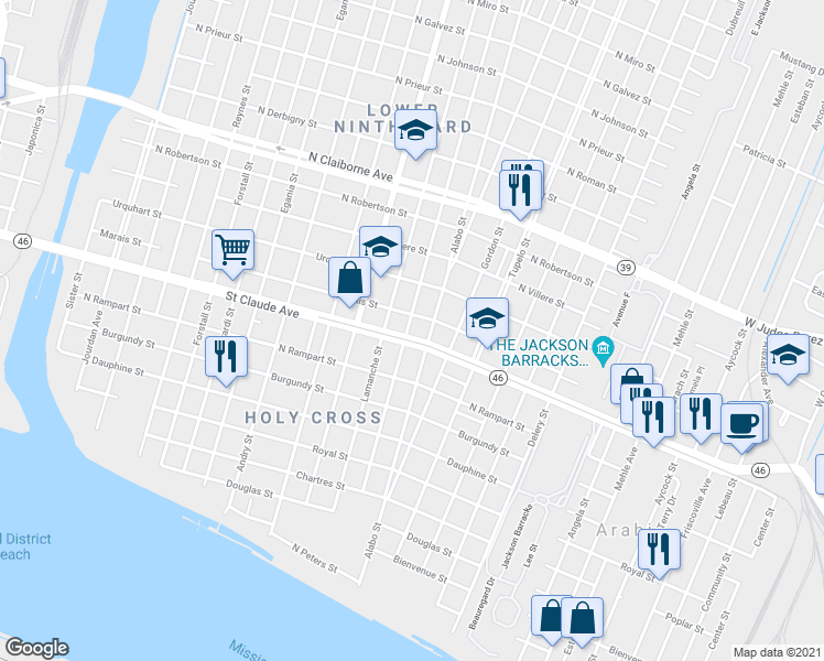 map of restaurants, bars, coffee shops, grocery stores, and more near 5811 Saint Claude Avenue in New Orleans