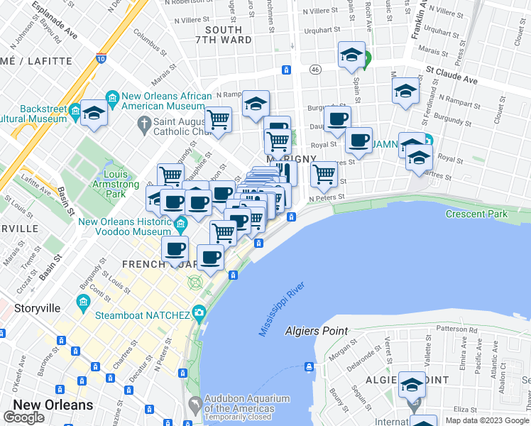 map of restaurants, bars, coffee shops, grocery stores, and more near in New Orleans