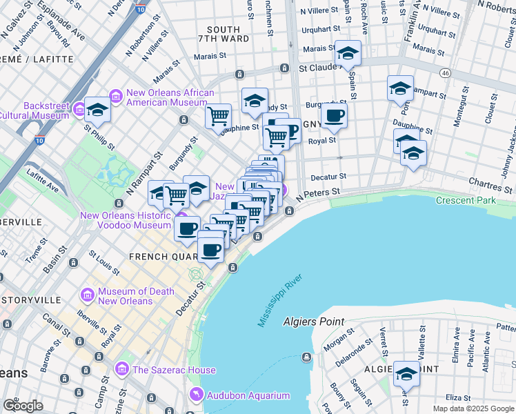 map of restaurants, bars, coffee shops, grocery stores, and more near in New Orleans