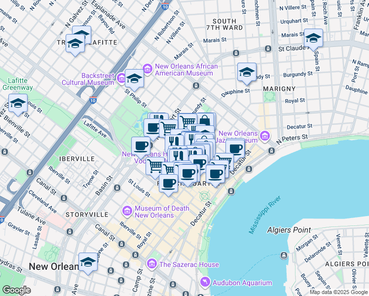 map of restaurants, bars, coffee shops, grocery stores, and more near in New Orleans
