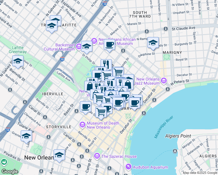 map of restaurants, bars, coffee shops, grocery stores, and more near 824 Burgundy Street in New Orleans
