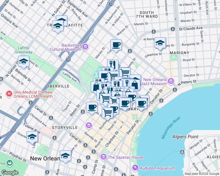 map of restaurants, bars, coffee shops, grocery stores, and more near 824 Burgundy Street in New Orleans
