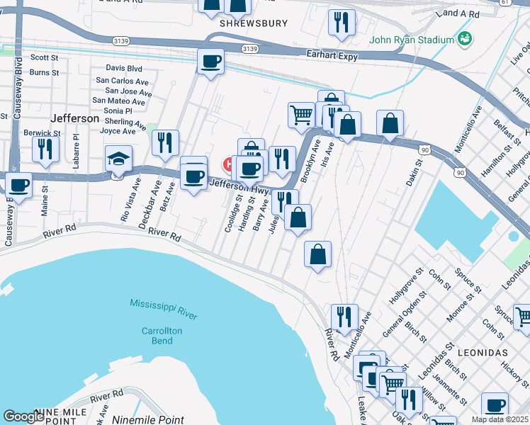 map of restaurants, bars, coffee shops, grocery stores, and more near 232 Jules Avenue in Jefferson