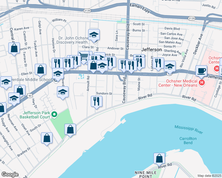 map of restaurants, bars, coffee shops, grocery stores, and more near 312 Shrewsbury Court in Jefferson