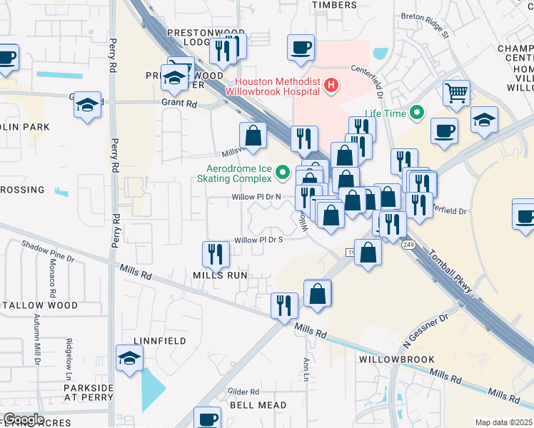 map of restaurants, bars, coffee shops, grocery stores, and more near 8301 Willow Place Drive South in Houston