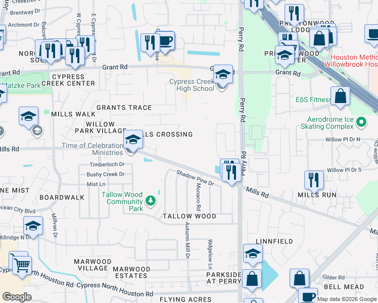 map of restaurants, bars, coffee shops, grocery stores, and more near 10002 Mills Road in Houston