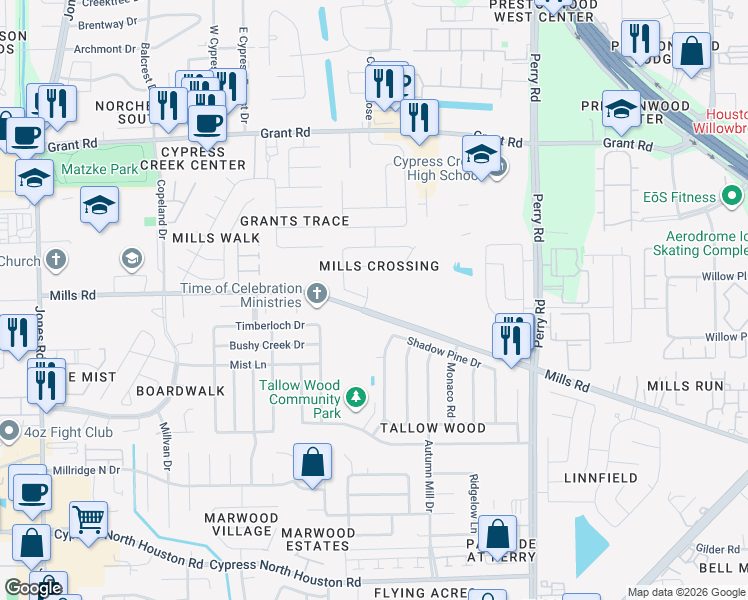 map of restaurants, bars, coffee shops, grocery stores, and more near 12806 Mills Crossing Lane in Houston