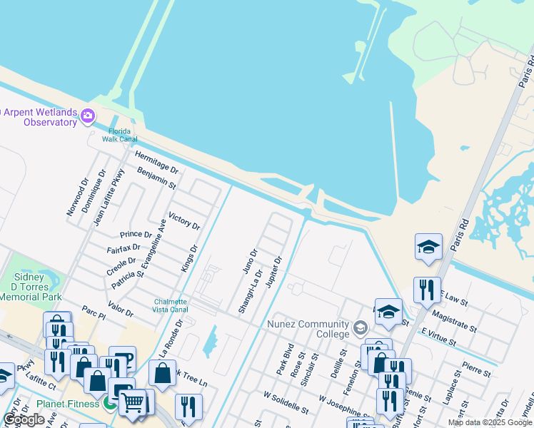 map of restaurants, bars, coffee shops, grocery stores, and more near 4114 Juno Drive in Chalmette