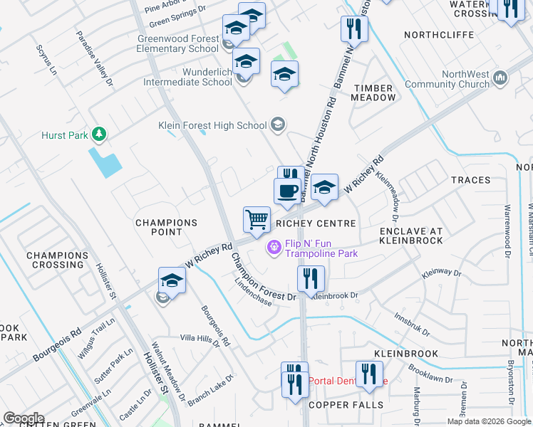 map of restaurants, bars, coffee shops, grocery stores, and more near 12523 Hamill Path Drive in Houston