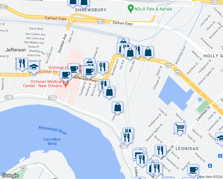 map of restaurants, bars, coffee shops, grocery stores, and more near 1120 Lance Street in Jefferson
