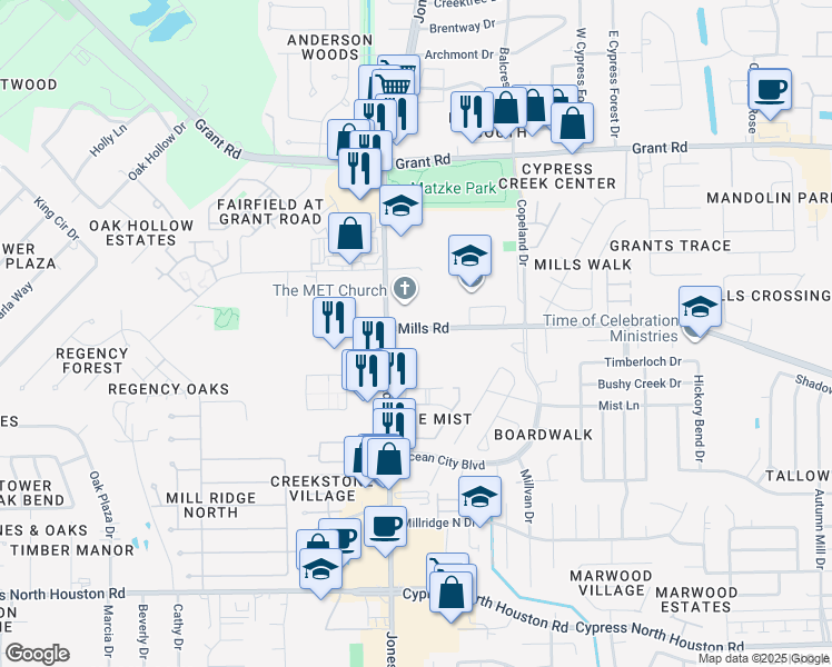 map of restaurants, bars, coffee shops, grocery stores, and more near 12850 Jones Road in Houston