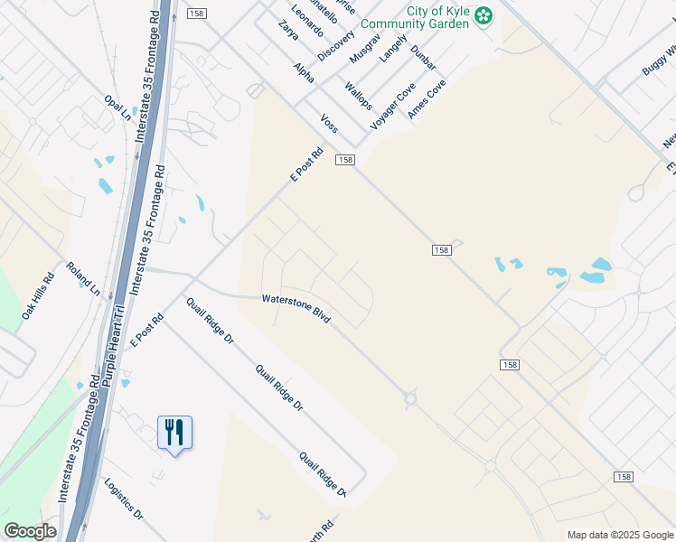 map of restaurants, bars, coffee shops, grocery stores, and more near County Road 158 in Kyle