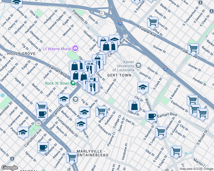 map of restaurants, bars, coffee shops, grocery stores, and more near 7818 Olive Street in New Orleans