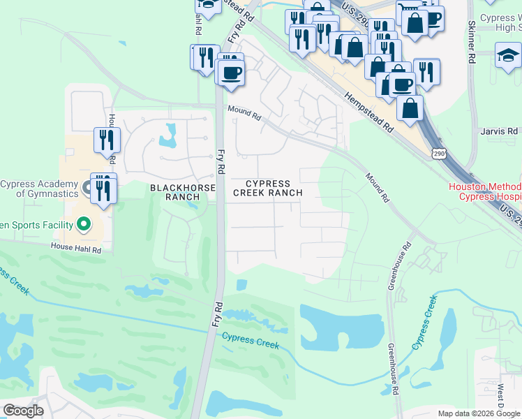 map of restaurants, bars, coffee shops, grocery stores, and more near 26111 Glenbriar Spring Ln in Cypress