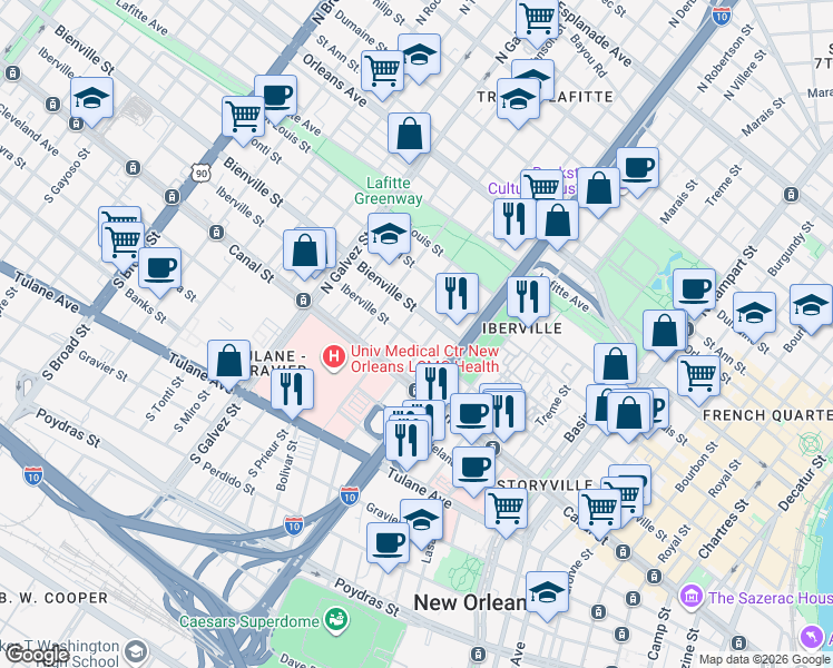 map of restaurants, bars, coffee shops, grocery stores, and more near 1801 Iberville Street in New Orleans