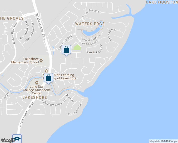 map of restaurants, bars, coffee shops, grocery stores, and more near 16223 Breakwater Path Drive in Houston