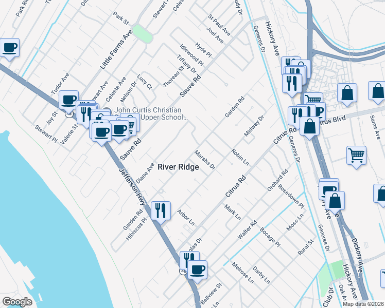 map of restaurants, bars, coffee shops, grocery stores, and more near 259 Garden Rd in River Ridge