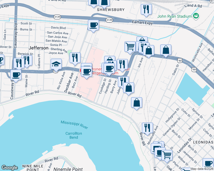 map of restaurants, bars, coffee shops, grocery stores, and more near 233 Harding Street in Jefferson