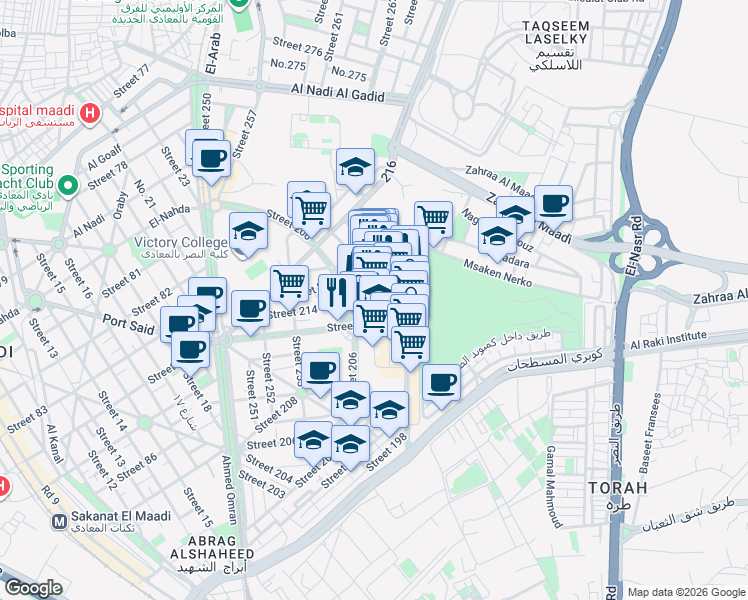 map of restaurants, bars, coffee shops, grocery stores, and more near Street 231 in Al Maadi