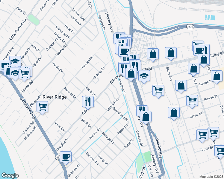 map of restaurants, bars, coffee shops, grocery stores, and more near 9421 Roslyn Drive in River Ridge