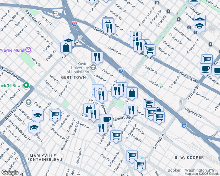 map of restaurants, bars, coffee shops, grocery stores, and more near 1019 South Clark Street in New Orleans