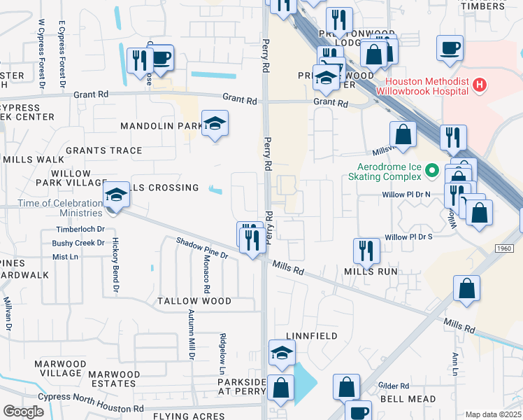 map of restaurants, bars, coffee shops, grocery stores, and more near 13010 Mills Grove Drive in Houston