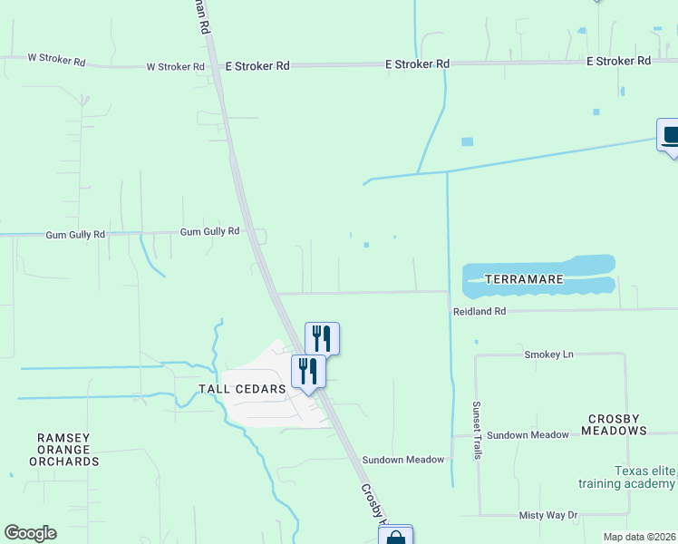 map of restaurants, bars, coffee shops, grocery stores, and more near 255 Reidland Road in Crosby