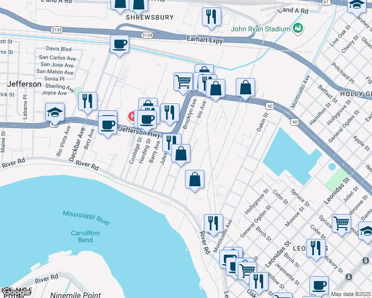 map of restaurants, bars, coffee shops, grocery stores, and more near 1108 Lance Street in Jefferson